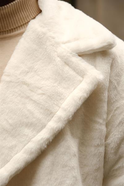Premium Kalite Oversize Ekru Tavşan Tüyü Astarlı Kruvaze Ceket