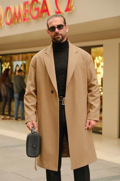 Premium Kalite Koyu Bej %90 Pamuk %10 Cashmere Oversize Kemer Detaylı Özel Tasarım Kaban