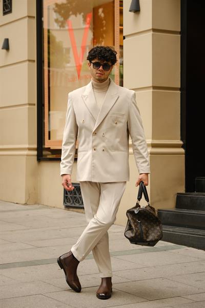 İtalyan Style&Oversize Bej Rengi %100 Pamuk Kadife Kumaş Özel Tasarım Takım Elbise