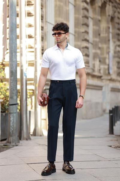 1. Kalite Lacivert İtalyan Style Çift Pileli Tek Düğme Detay Yüksek Bel Pantolon