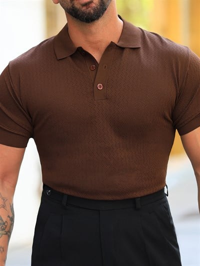 Premium Kalite Nefes Alan Dokulu Polo Yaka Kahverengi Triko