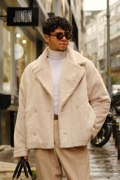 Premium Kalite Oversize Bej Rengi Tavşan Tüyü Astarlı Kruvaze Ceket