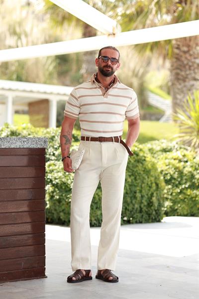 1. Kalite Çift Köprü Taş Rengi Keten Pantolon