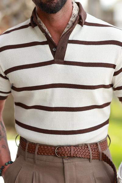 Premium Kalite Kahverengi Şerit Detay %70 Pamuk %30 Keten Relax Fit Triko