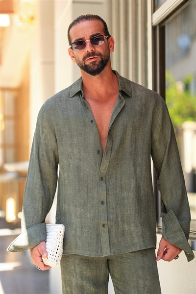 Premium Kalite Haki %70 Saf Keten %30 Pamuk Oversize Keten Takım