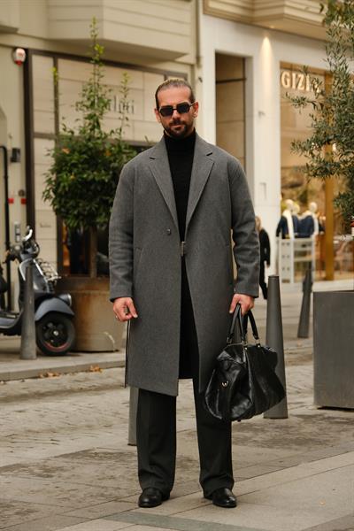 Premium Kalite Antrasit %90 Pamuk %10 Cashmere Oversize Kemer Detaylı Özel Tasarım Kaban