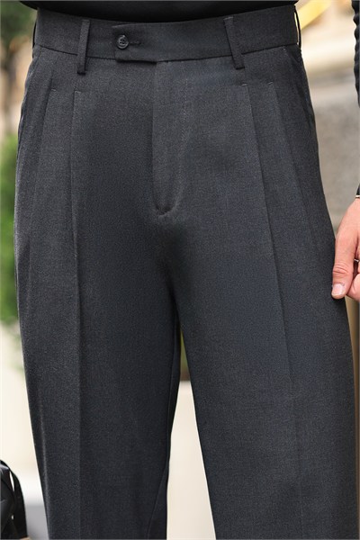 1.Kalite Antrasit Tek Düğme Detay Çift Pileli Casual  Baggy Pantolon
