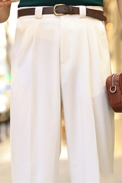 Premium Kalite Ekru Çift Pileli Yüksek Bel Kalın Köprü Detay Baggy Fit Pantolon