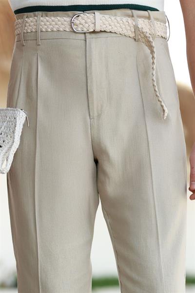 1. Kalite Çift Köprü Bej Keten Pantolon