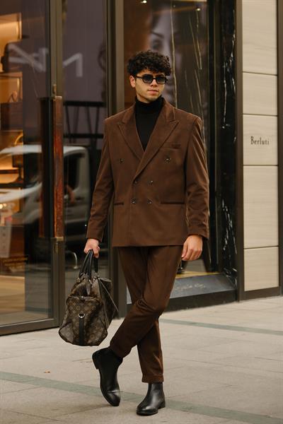 İtalyan Style&Oversize Kahverengi %100 Pamuk Kadife Kumaş Özel Tasarım Takım Elbise
