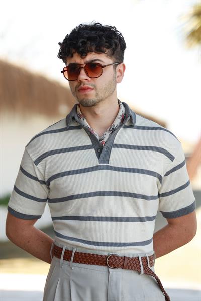 Premium Kalite Gri Şerit Detay %70 Pamuk %30 Keten Relax Fit Triko