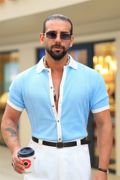 Premium Kalite İtalyan Stil Düğmeli Bebe Mavi Regular Fit Triko