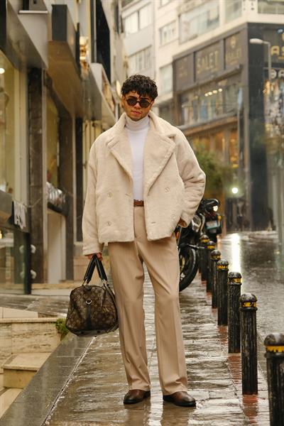 Premium Kalite Oversize Bej Rengi Tavşan Tüyü Astarlı Kruvaze Ceket