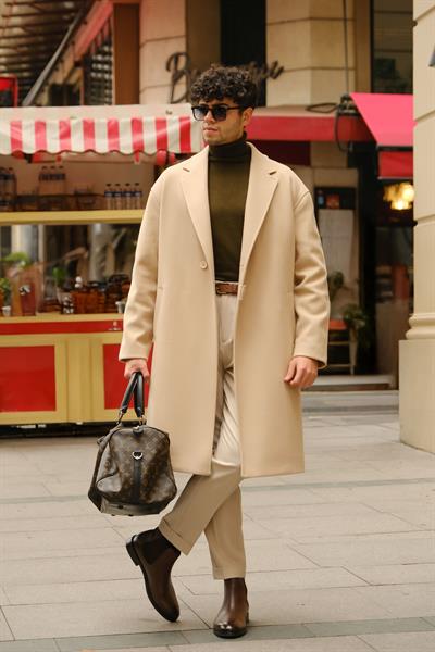 Premium Kalite Bej Rengi %90 Pamuk %10 Cashmere Oversize Kemer Detaylı Özel Tasarım Kaban