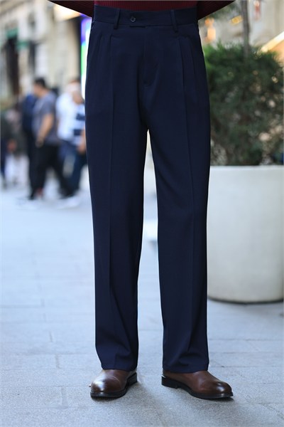 1.Kalite Lacivert Tek Düğme Detay Çift Pileli Casual  Baggy Pantolon