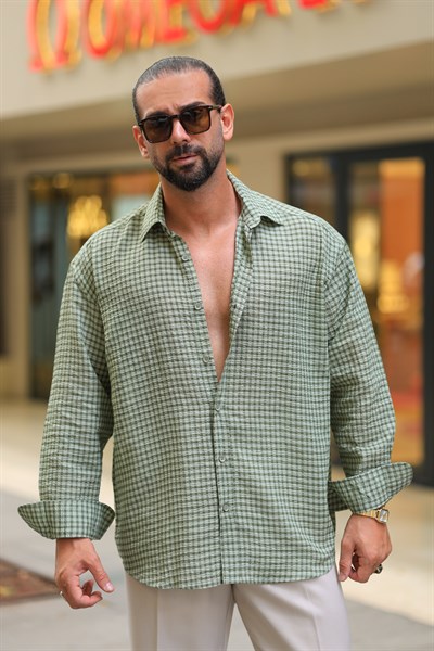 Premium Kalite Oversize Fit Kareli %100 Pamuk Yeşil Gofre Gömlek