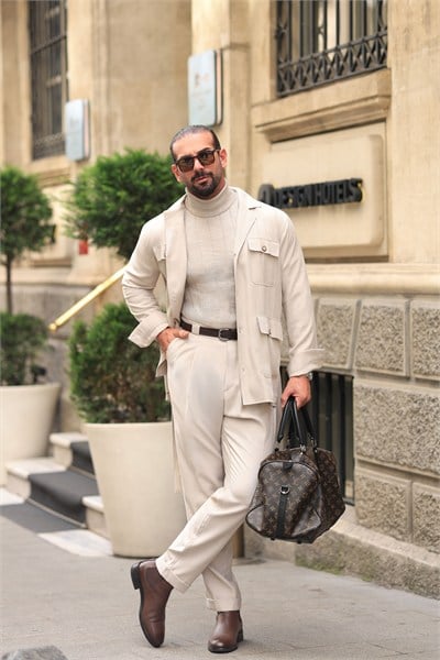 Premium Kalite Bej Kalın Köprü Detay %100 Pamuk Tensel Pantolon