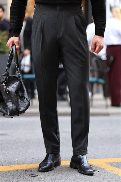 Premium Kalite Antrasit İtalyan Kalıp Çift Toka Detay Tailor Style Pantolon