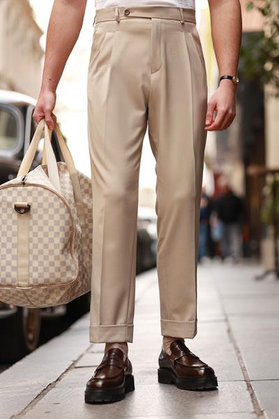 1. Kalite Bej İtalyan Style Çift Pileli Tek Düğme Detay Yüksek Bel Pantolon