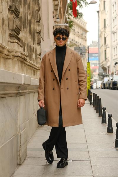 Premium Kalite Camel Özel Dikim Oversize Kaşe Kaban