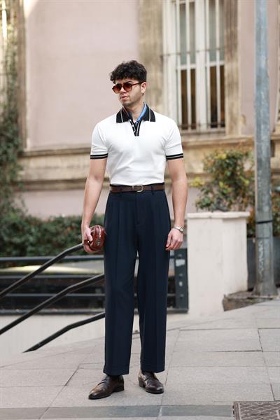 1. Kalite Lacivert Çift Pileli Yüksek Bel Yandan Kanca Detay Pantolon