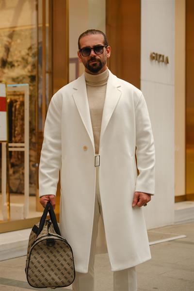 Premium Kalite Ekru %90 Pamuk %10 Cashmere Oversize Kemer Detaylı Özel Tasarım Kaban