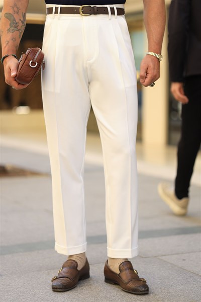 Premium Kalite Ekru İtalyan Kalıp Çift Köprü Çift Pile Detay Yüksek Bel Pantolon