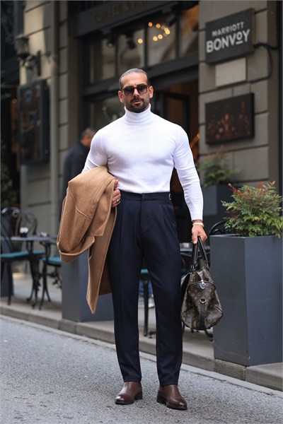 Premium Kalite Lacivert İtalyan Kalıp Çift Toka Detay Tailor Style Pantolon
