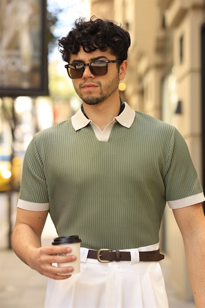1.Kalite İtalyan Yaka %70 Pamuk %30 Viskon Casual Yeşil Dokuma Triko