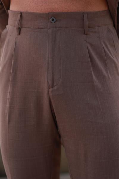 Premium Kalite Kahverengi %70 Saf Keten %30 Pamuk İtalyan Style Regular Fit Çift Pileli Pantolon