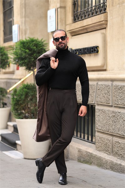 Premium Kalite Kahverengi İtalyan Kalıp Çift Toka Detay Tailor Style Pantolon