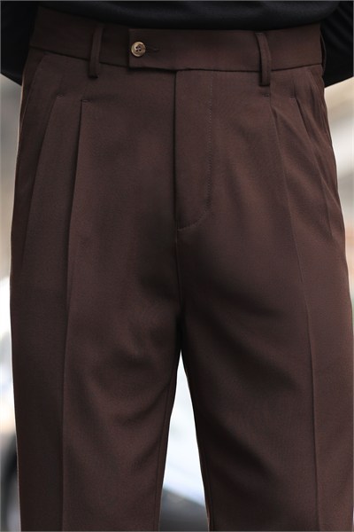 1.Kalite Kahverengi Tek Düğme Detay Çift Pileli Casual  Baggy Pantolon