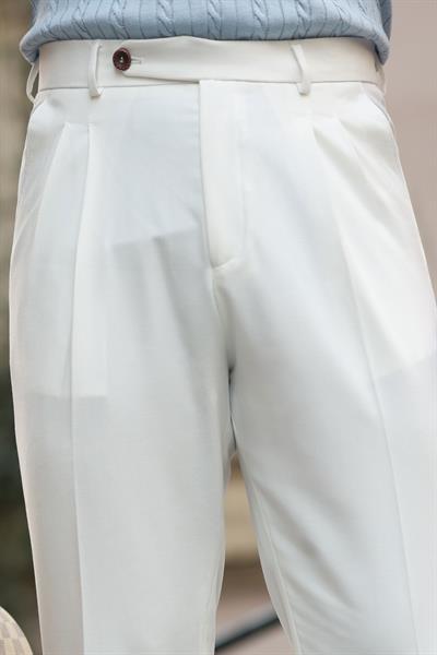 1. Kalite Ekru İtalyan Style Çift Pileli Tek Düğme Detay Yüksek Bel Pantolon