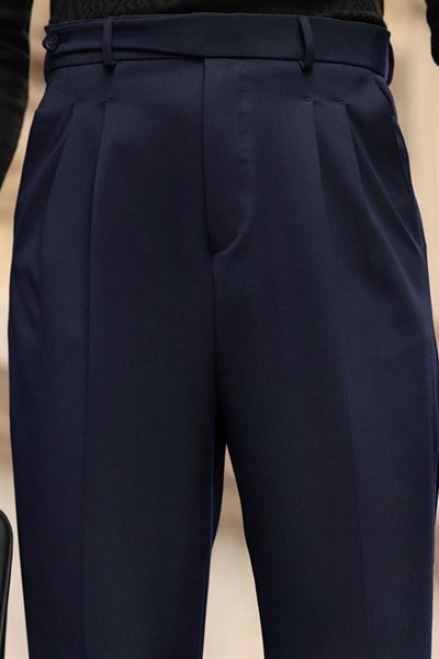 1.Kalite Lacivert Çift Pileli Kemer Detaylı Casual Baggy Pantolon