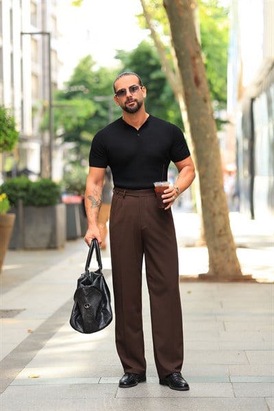 1.Kalite Kahverengi Çift Pileli Kemer Detaylı Casual Baggy Pantolon