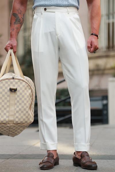 1. Kalite Ekru İtalyan Style Çift Pileli Tek Düğme Detay Yüksek Bel Pantolon