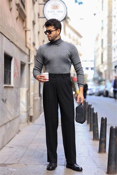 1.Kalite Siyah Tek Düğme Detay Çift Pileli Casual  Baggy Pantolon