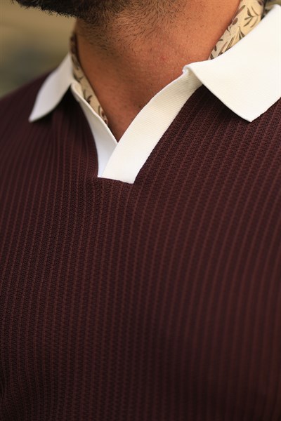 1.Kalite İtalyan Yaka %70 Pamuk %30 Viskon Casual Bordo Dokuma Triko