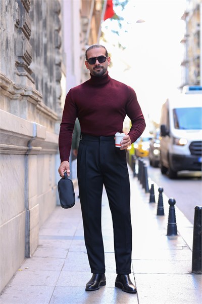 Premium Kalite Siyah İtalyan Kalıp Çift Toka Detay Tailor Style Pantolon