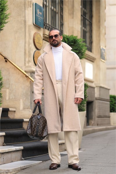Premium Bej Rengi %60 Yün %40 Pamuk Oversize Tek Düğme Detay Kaban