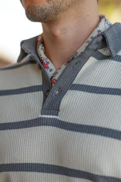 Premium Kalite Gri Şerit Detay %70 Pamuk %30 Keten Relax Fit Triko