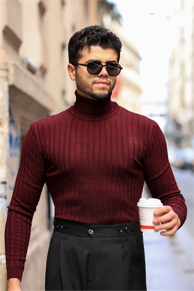 %100 Pamuk Bordo Dikey Çizgi Detay Tam Boğazlı Triko