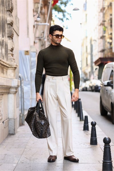 1.Kalite Bej Rengi Tek Düğme Detay Çift Pileli Casual  Baggy Pantolon