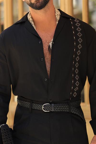 Premium Kalite %70 Saf Keten %30 Pamuk Nakış Detaylı Siyah Gömlek