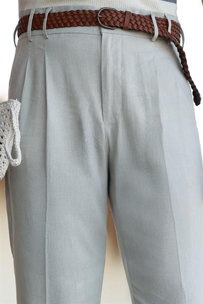 1. Kalite Çift Köprü Açık Gri Keten Pantolon