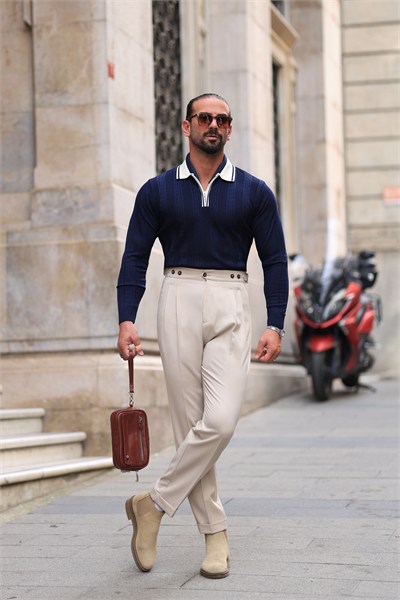 Premium Kalite Bej Rengi Tailor Style İtalyan Kalıp 5 Düğme Detay Pantolon