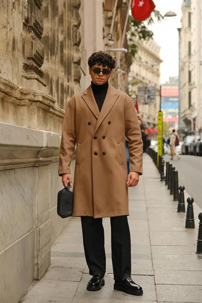 Premium Kalite Camel Özel Dikim Oversize Kaşe Kaban