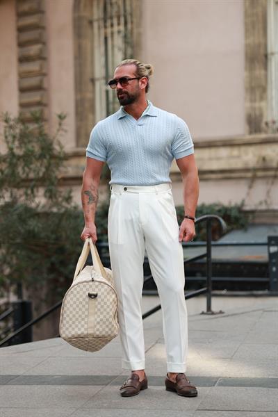 1. Kalite Ekru İtalyan Style Çift Pileli Tek Düğme Detay Yüksek Bel Pantolon