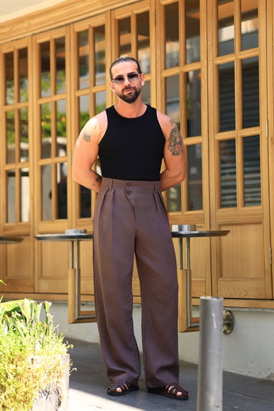 Premium Kalite Kahverengi %70 Pamuk %30 Keten İtalyan Stil Pantolon