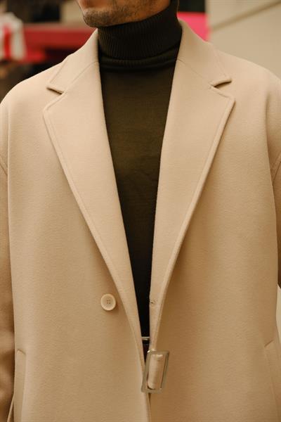 Premium Kalite Bej Rengi %90 Pamuk %10 Cashmere Oversize Kemer Detaylı Özel Tasarım Kaban